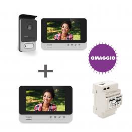 Kit Videocitofono Bifamiliare  2 Fili Philips - Espandibile, Monitor Touch Screen 7’’, Apertura Badge RFID, Visione Notturna con Alimentatore e DIN